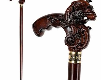 Antique Wooden Lion Head Walking Stick - Handcrafted Vintage Cane