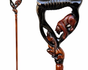 Handcrafted Bear & Deer Wooden Walking Cane: Luxury Animal Handle