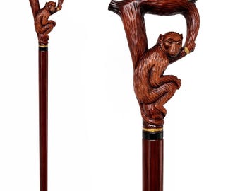 Hand-Carved Wooden Monkey Head Walking Stick: Vintage Style Cane