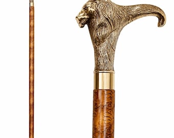 Brass Lion Handle Walking Cane: Handmade Leather Gentleman's Stick