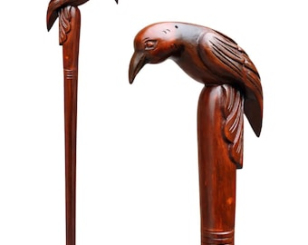 Handcrafted Wooden Raven Head Walking Stick: Gothic Style Cane