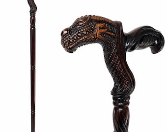Handcrafted Wooden Dragon Head Walking Stick: Unique Fantasy Cane