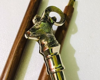 Solid Brass GOAT Head Walking Stick: Vintage Victorian Wooden Cane