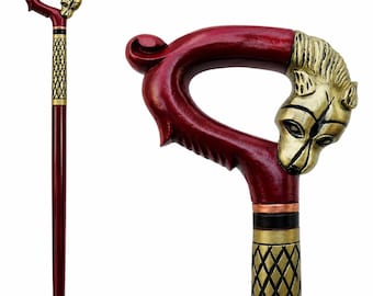 Handmade Wooden Walking Cane, Golden Snake Head Handle, Hardwood Mobility Stick