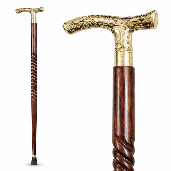 Handmade Brass Handle Wooden Walking Cane: Antique Style Mobility Aid