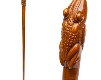 Elegant Frog Head Walking Stick – Handmade Wooden Cane with Brass Handle