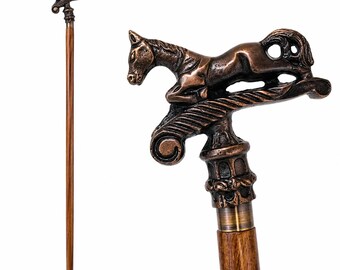 Handmade Brass Horse Head Walking Stick - 3 Fold Wooden Cane