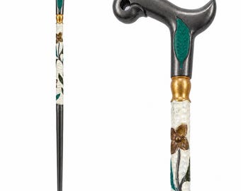 Handcrafted Wooden Walking Cane, Ergonomic Handle, Floral Design Mobility Aid
