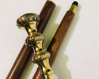 Victorian Brass Knob Walking Stick: 3-Fold Rosewood Cane