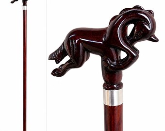 Horse Had Walking stick Wooden Handmade Cane with Intricate Carving, Stylish Mobility Aid