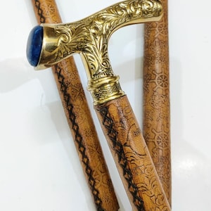 Handcrafted Brass Handle Walking Cane with Leather Stick