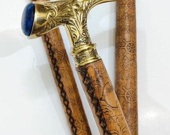 Handcrafted Brass Handle Walking Cane with Leather Stick