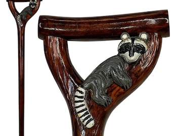 Hand Carved Raccoon Head Walking Stick: Wooden Animal Cane