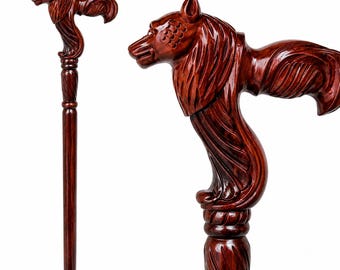 Handmade Wooden Wolf Head Walking Cane: Vintage Style Collectible