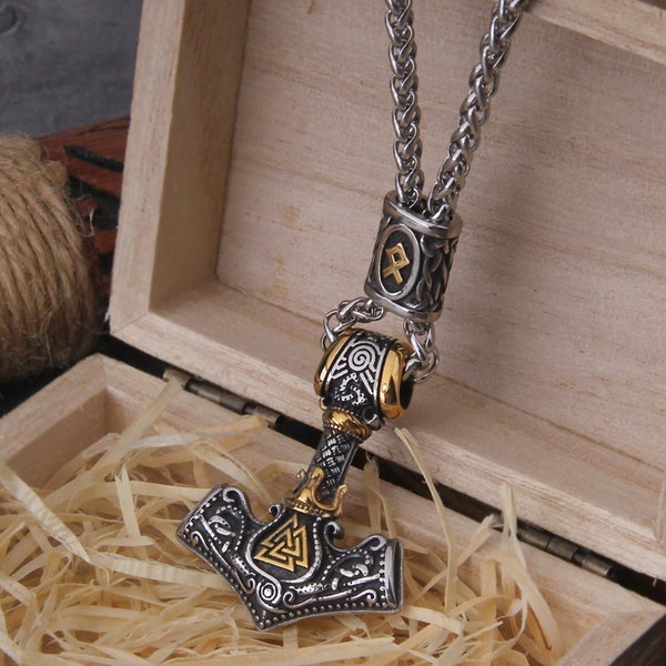 Viking Thor's Hammer & Valknut Pendant Necklace - Stainless Steel Silver