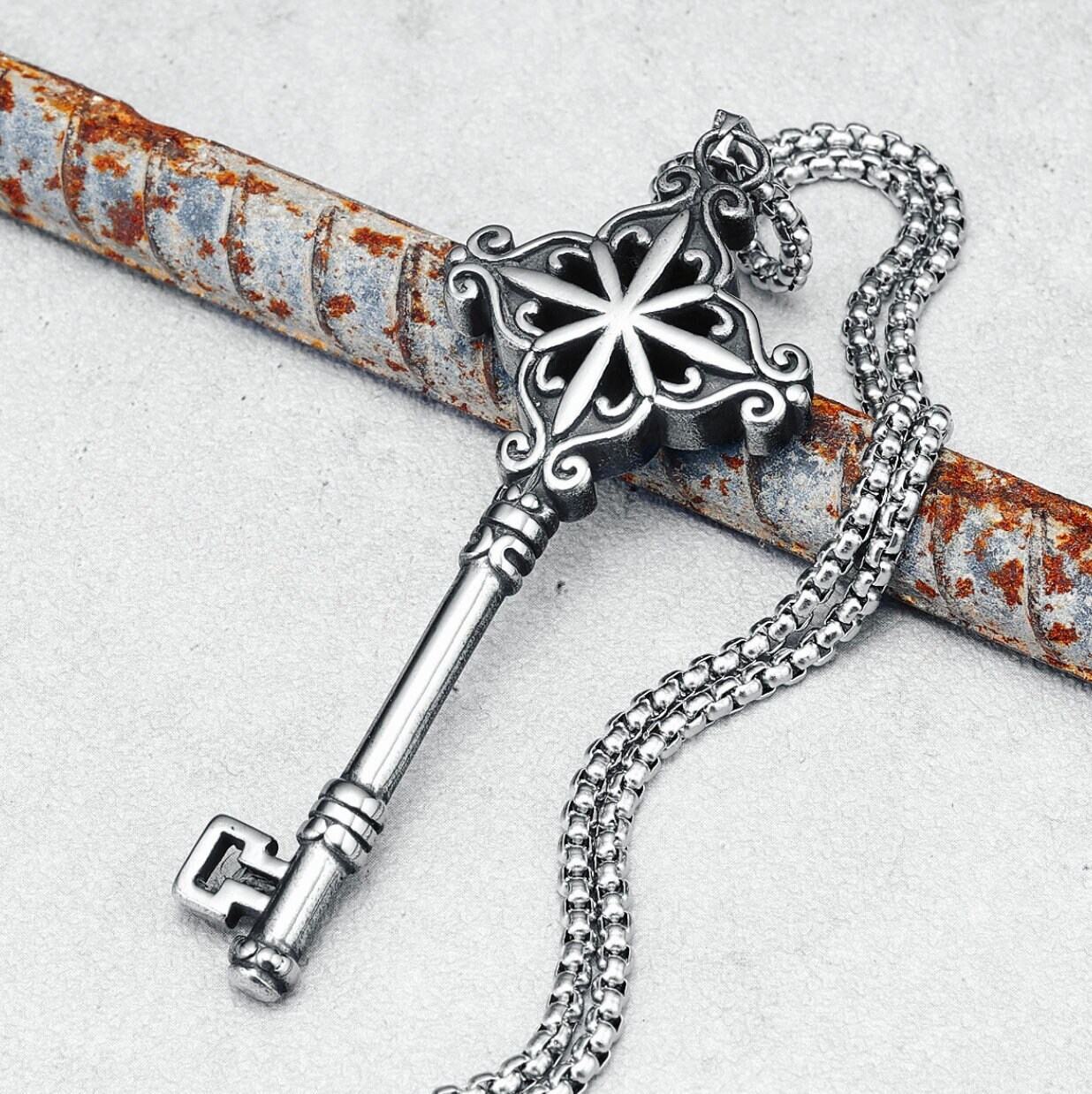 Vintage Key Necklace Signed DELLA-FELICITA' Men Women Sterling Silver  Gift Box