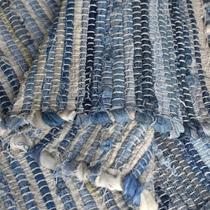 Denim Blue Cotton Rug with White Stripes Eco-Friendly and Washable Dhurrie, Recycled Denium Rugs 4x6, 5x8
