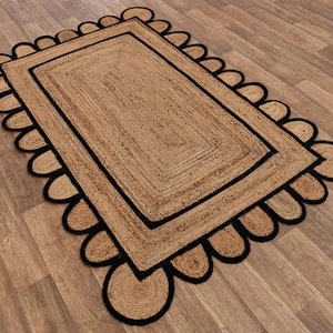 Scalloped Jute Black Handwoven Rug, Jute Scallop Boho Decor Handmade Rug, Customize in any Size & Shape