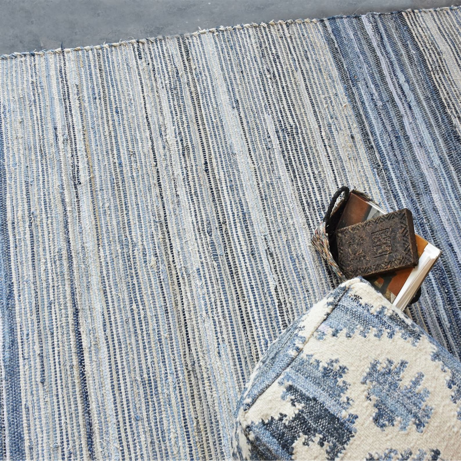 Denim Blue Cotton Rug With White Stripes Eco-friendly and Washable ...