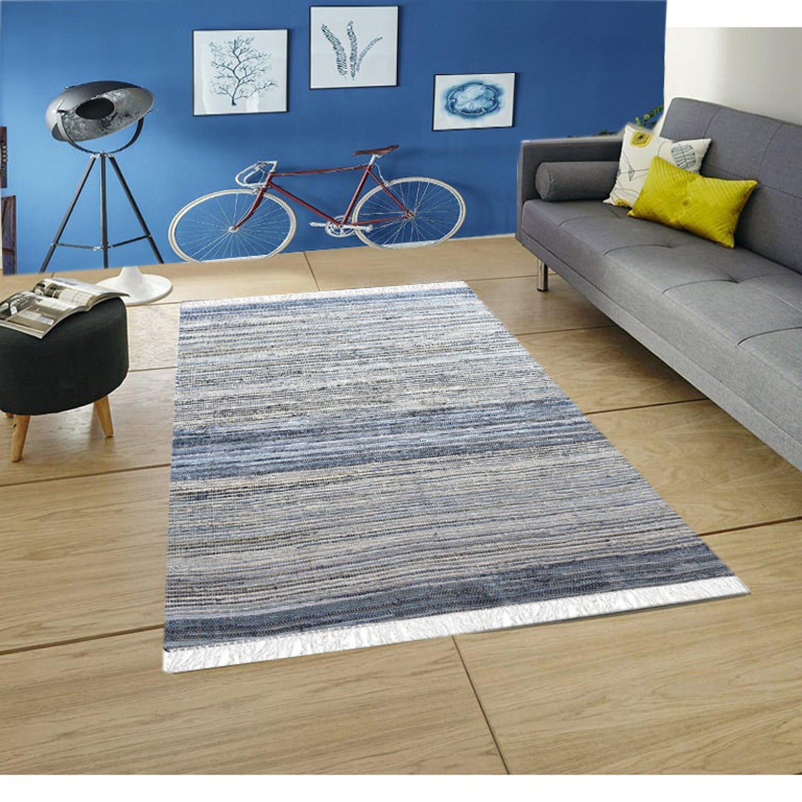 Denim Blue Cotton Rug With White Stripes Eco-friendly and Washable ...
