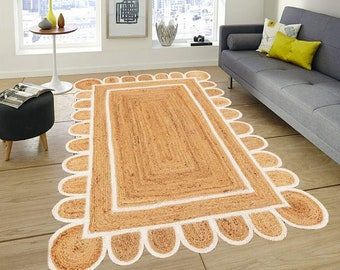 Scalloped Jute Handwoven Braided Rug, Jute Scallop Boho Decor Handmade Rug, Vintage Rug Customize in any Size & Shape
