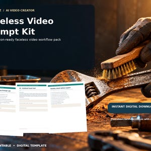 May include: A digital product listing for a Faceless Video Prompt Kit featuring three white document pages with text, displayed over a background image of a gloved hand cleaning a rusty metal wrench with a wooden brush. Includes text labels.