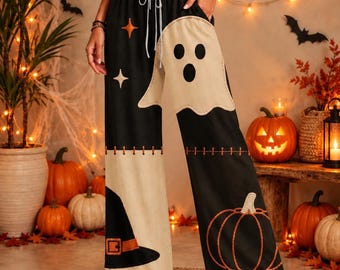 Women's Halloween Wide Leg Pants, Ghost Pumpkin Print, Black Cream Trousers