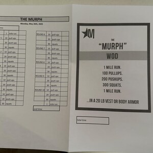 Könnte beinhalten: Ein gedruckter Trainingsplan mit dem Titel "THE MURPH" mit einer Liste von Übungen, darunter Klimmzüge, Liegestütze und Kniebeugen. Der Plan ist vom Montag, 26. Mai 2025, datiert und enthält einen "WOD"-Abschnitt mit Übungsdetails.