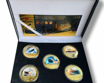 Die Prächtige RMS Titanic x5 Vergoldete Münzen & eine Notiz in der Display-Box