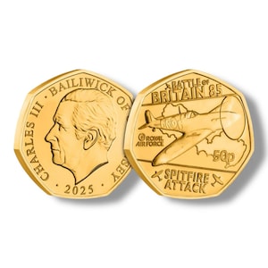 May include: Two gold-colored coins. One coin features a profile of Charles III and the text "CHARLES III BAILIWICK OF SEY 2025". The other coin has a Spitfire plane and the text "BATTLE OF BRITAIN 85" and "ROYAL AIR FORCE".