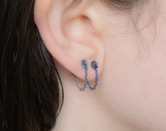 Boucles d'oreilles chaîne - titane anodisé bleu, bijou hypoallergénique