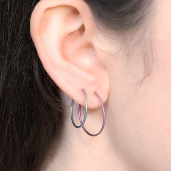 Celestial hoop earrings - anodized titanium, pair of hypoallergenic jewelry earrings