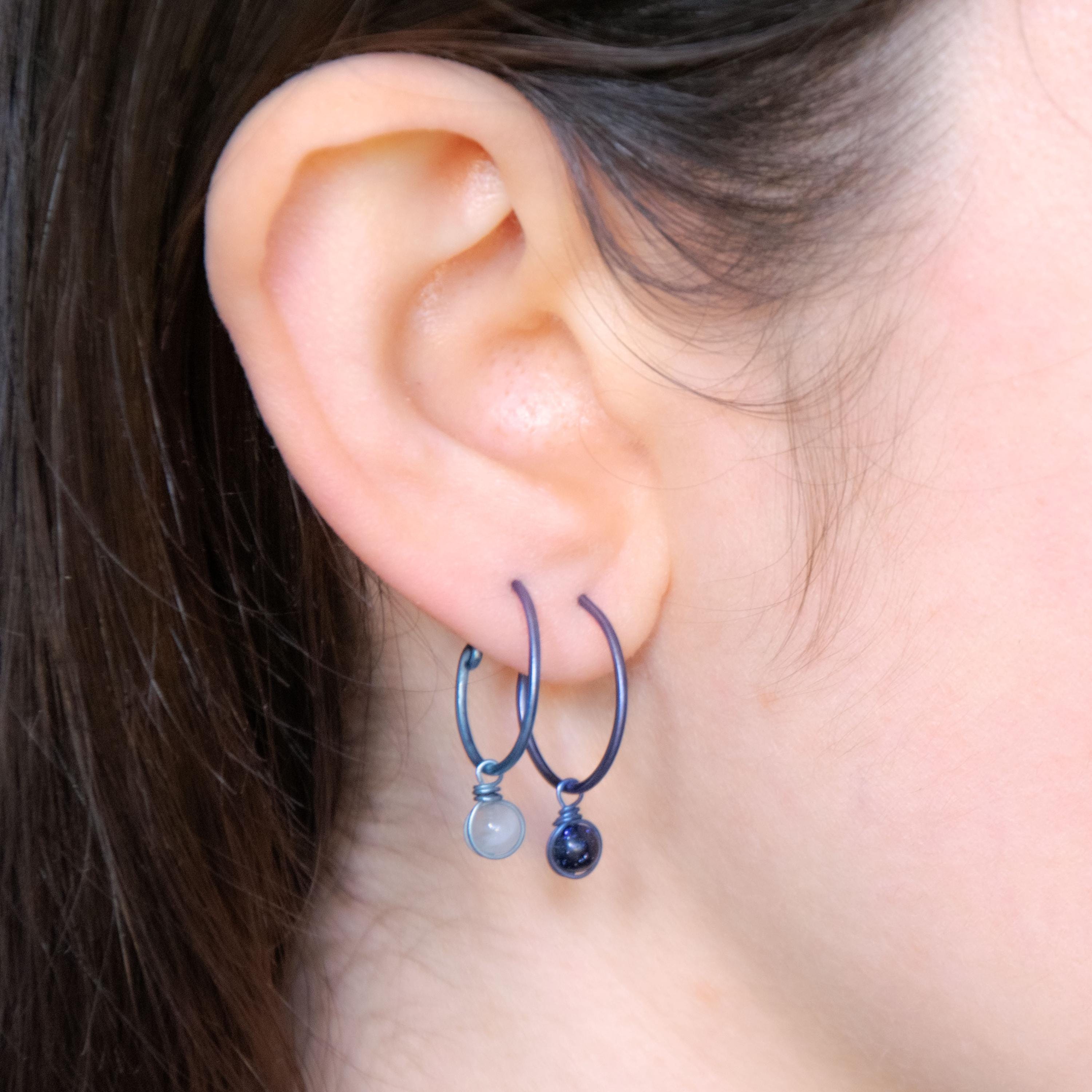 Night Creoles - Anodized Titanium, Moonstone and Sandstone, Pair of Hypoallergenic Earrings