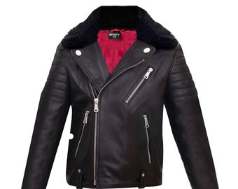 Kids Genuine Leather Jacket, Boys Biker Jacket, Detachable Sheepskin Collar