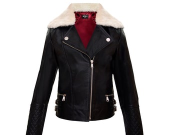 Kids Genuine Leather Jacket, Girls Biker Jacket, Sheepskin Collar