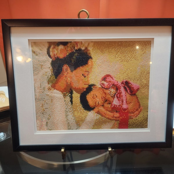 Finished and Framed Mother and Daughter with Pink Bow  Diamond Art