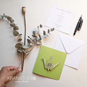 Vouwkaart, origami kraan mobiel, meigroen eucalyptusgroen