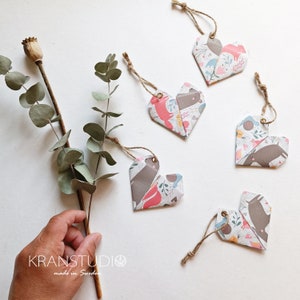 Etichette regalo, 5 cuori origami, grigio chiaro con animali da favola