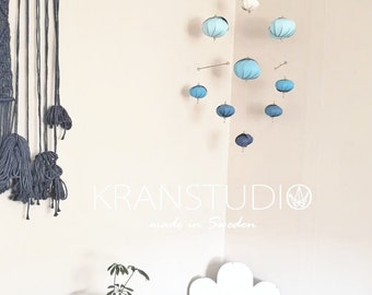 Kinetic baby mobile, gradient blue tones, 9 origami lanterns