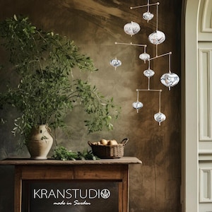 large kinetic mobile for adults, 9 lanterns, Japanese pattern with peacocks