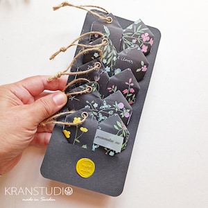 etiquetas para presentes originais, conjunto de 5 corações de origami, flores silvestres coloridas em preto