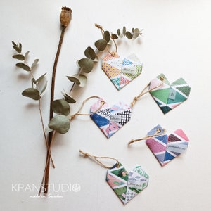 Etiquetas de presente, conjunto de 5 corações de origami, losangos coloridos