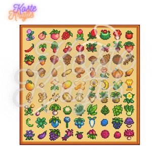 Peut inclure: Un tableau d'art pixelisé présentant diverses cultures et objets ramassés dans le jeu vidéo Stardew Valley. Le tableau comprend une variété de fruits, de légumes, de fleurs et d'autres objets, tous dans un style pixelisé.