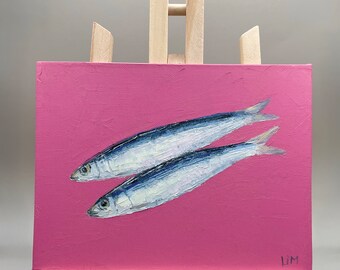 Fish Painting Sardine Original Art Kitchen Wall Art Food Miniature Painting on Canvas 8x6" Fish Still Life Artwork New Home Gift by LimArt4U