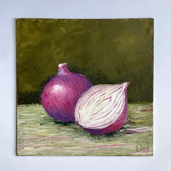 Onion Painting Vegetable Original Art Impasto Onion Artwork Still Life Painting  Kitchen Small Oil Painting 6x6" Wall Art by LimArt4U