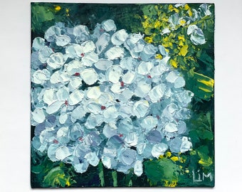 Blue Hydrangea Painting on Canvas Floral Original Wall Decor 6x6” Small Oil Painting Impasto Flower Artwork Hydrangea Wall Art by LimArt4U