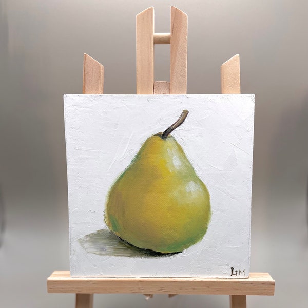 Fruit Painting Pear Original Art Still life Oil Impasto Artwork on Canvas Small Kitchen Decor 6x6” Wall Art Foodie Gift by LimArt4