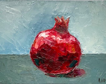 Pomegranate Art Impasto Original Painting Farmhouse Kitchen Wall Art 6x8” Fruit Still Life Oil Painting on Canvas Foodie Gift by LimArt4U