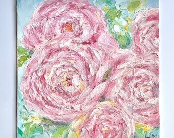 Peony Painting Oil Original Art Botanical Flower Artwork Impasto Floral Wall Art 8x8” Pink Peonies Floral Still Life Wall Decor by  LimArt4U