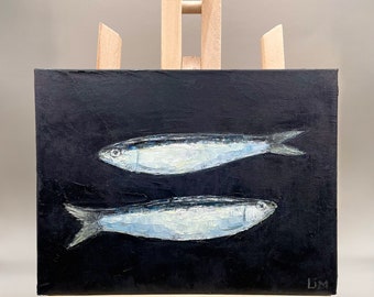 Sardine Original Art Fish Painting Kitchen Wall Art Food Miniature Painting on Canvas 8x6" Fish Still Life Artwork New Home Gift by LimArt4U